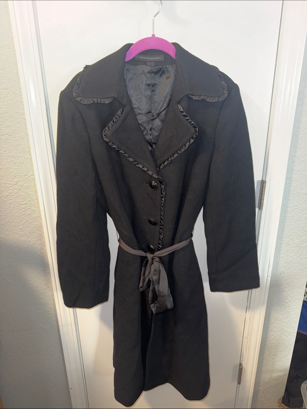 Express Black Trench Coat with Satin Tie and Braided Trim